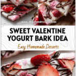 Pink Valentine’s Strawberry Greek Yogurt Bark topped with berries and chocolate for Yogurt Bite Snacks.